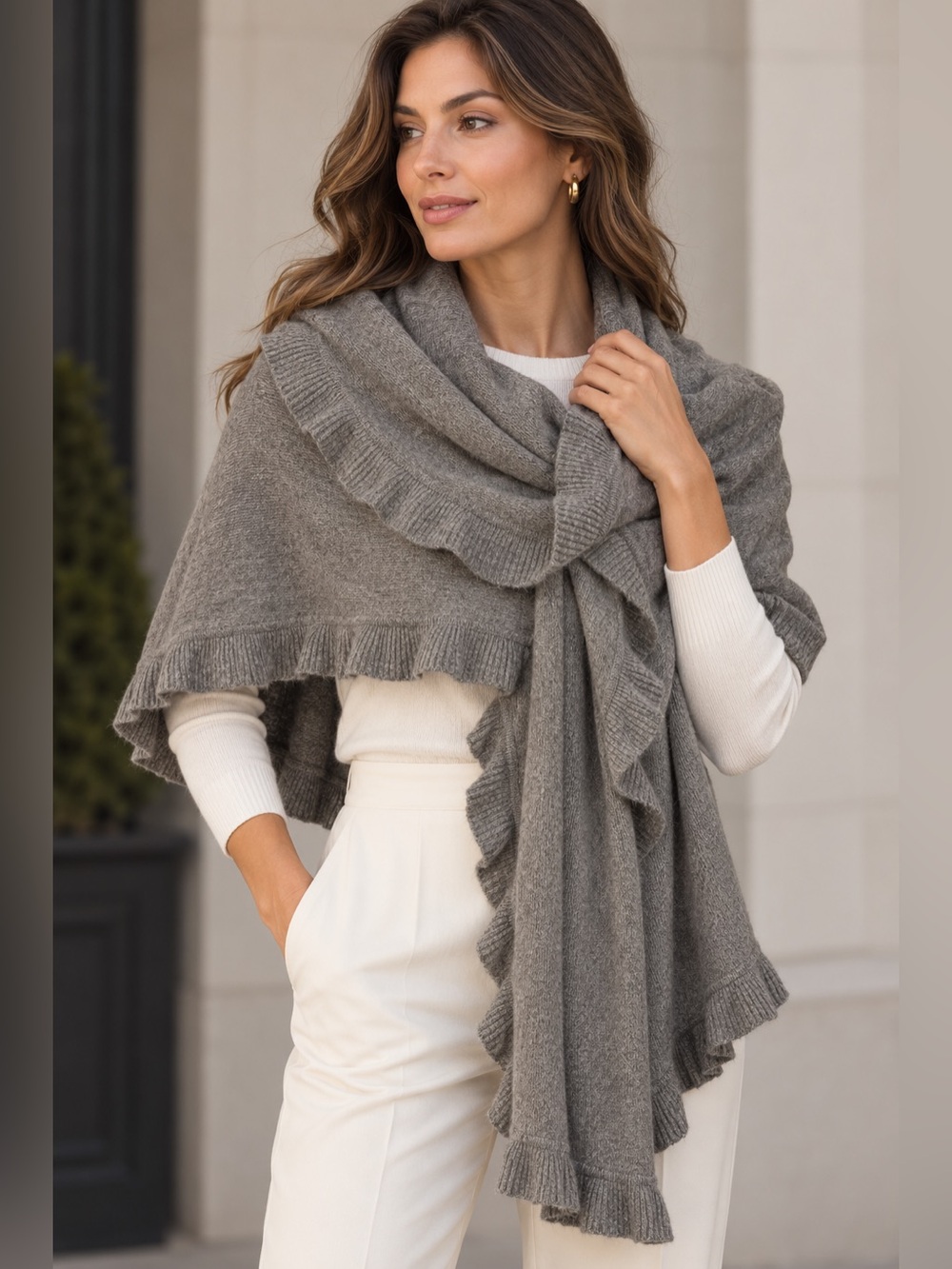 Brooks Brothers 100% Cashmere Gray Ruffle Trim Wrap Shawl Scarf 17 x 81